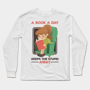 A Book A Day Keeps The Stupid Away Retro Cartoon Girl Long Sleeve T-Shirt